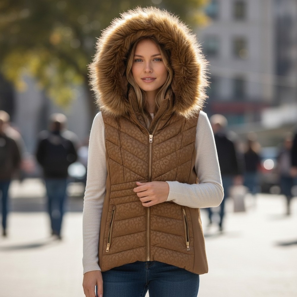 Michael Kors Puffer Vest Womens XL Brown Leopard Faux Fur Hood Quilted Excellent